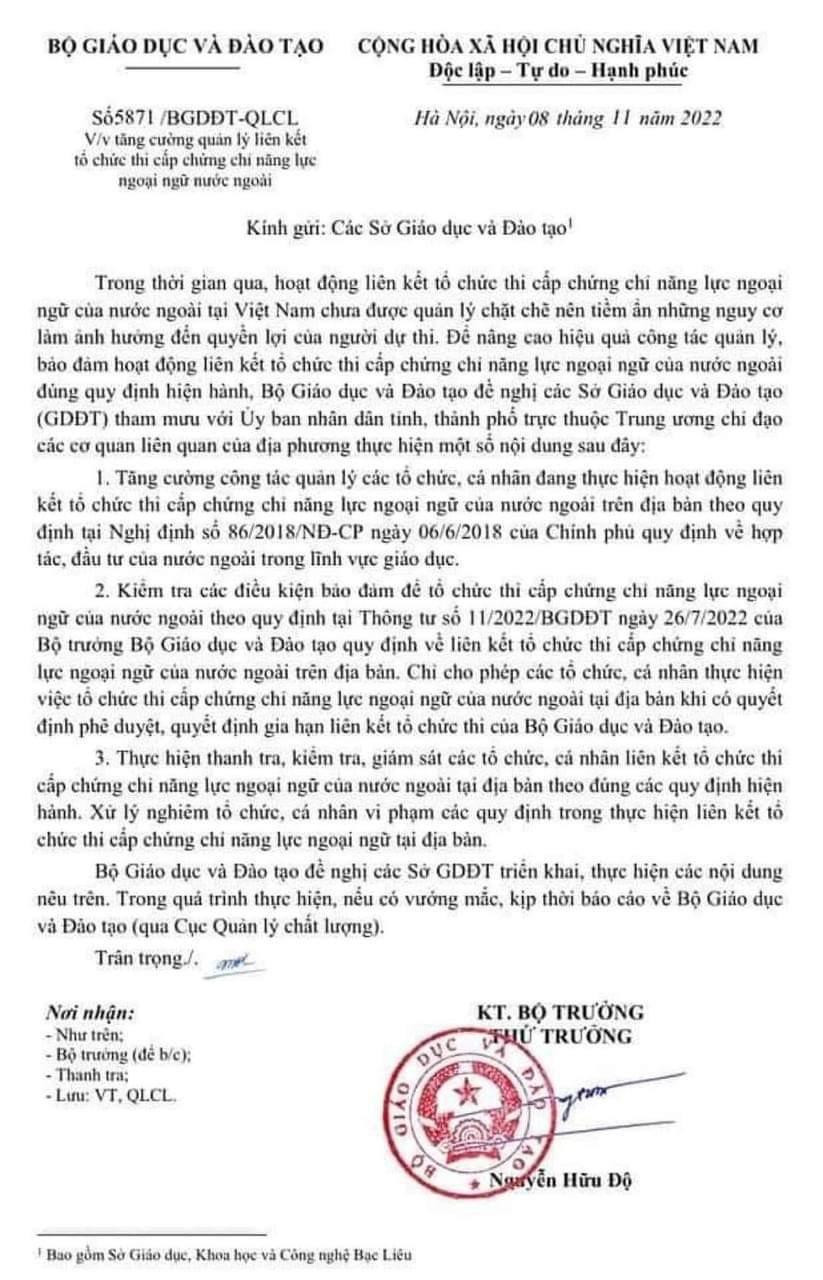 Công văn của Bộ GD&amp;ĐT về quản lý việc thi cấp chứng chỉ ngoại ngữ nước ngoài.