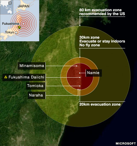 Các khu vực sơ tán quanh nhà máy điện hạt nhân ở tỉnh Fukushima - Nguồn: BBC 