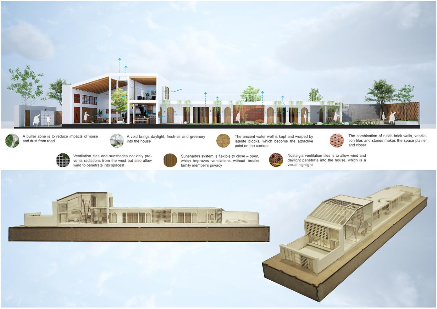 Các kiến trúc sư cho biết, khi tiếp cận dự án này, họ quan tâm đến những tác động tiêu cực của điều kiện tự nhiên và xã hội. “Chúng tôi giữ lại giếng nước cổ đã có từ bao đời nay. Không gian xung quanh giếng này thật ấm cúng, giúp kết nối con người với thiên nhiên và gắn kết các thành viên trong gia đình với nhau nhưng ít phá vỡ sự riêng tư của họ”, họ nói.
