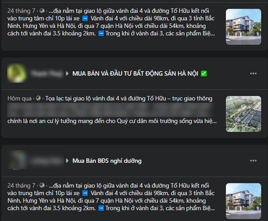 Đầy rẫy thông tin quảng cáo về dự án BĐS tọa lạc tại giao lộ giữa đường Vành đai 4 với đường Tố Hữu xuất hiện nhan nhản ở khắp các website BĐS và hội, nhóm BĐS trên mạng xã hội trong khi thực tế dự án xây dựng đường Vành đai 4 mới chỉ là đề xuất, mới chỉ được chấp thuận về chủ trương để chuẩn bị lập công tác đầu tư. Đầy rẫy thông tin quảng cáo về dự án BĐS tọa lạc tại giao lộ giữa đường Vành đai 4 với đường Tố Hữu xuất hiện nhan nhản ở khắp các website BĐS và hội, nhóm BĐS trên mạng xã hội trong khi thực tế dự án xây dựng đường Vành đai 4 mới chỉ là đề xuất, mới chỉ được chấp thuận về chủ trương để chuẩn bị lập công tác đầu tư.