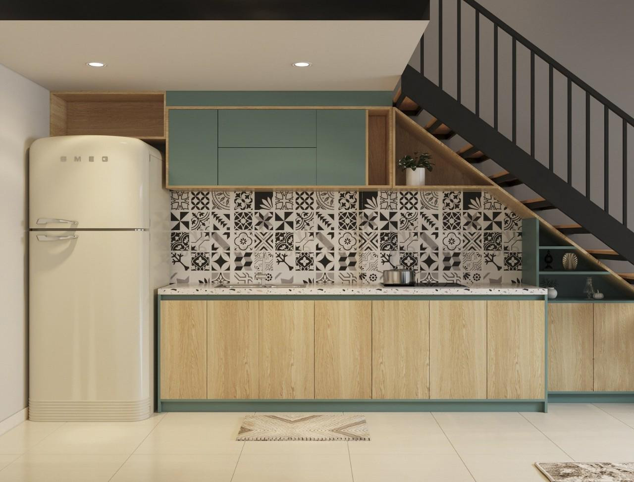 Vì căn phòng không lớn, nên khi binh bố mặt bằng Văn Cảnh gặp khá nhiều khó khăn để đảm bảo được đủ diện tích cho từng khu. Sau đó, anh lựa chọn thiết kế và bố trí khu bếp nằm dưới cầu thang dẫn lên gác lửng và bài toán gần như đã được giải.