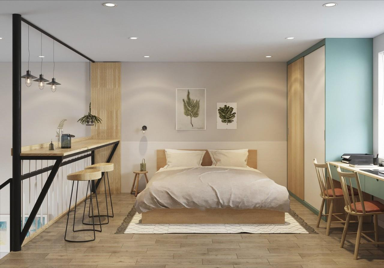 Ở gác lửng bố trí giường 1m6, tủ quần áo đứng, bàn học và bàn làm việc đủ cho 2 người. Ngoài ra thì Văn Cảnh còn thêm ý tưởng bàn chill trên gác lửng để 2 vợ chồng hoặc đôi tình nhân có thể ngồi nói chuyện hoặc uống trà.