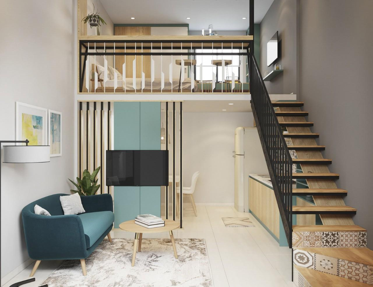 Ở phòng ngủ trên gác lửng và phòng khách đều bố trí ti vi, ghế sofa màu xanh để cùng tông màu với căn phòng.