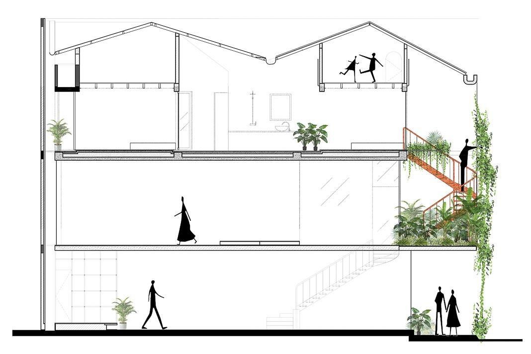 Ngôi nhà có cấu trúc nhiều tầng, xếp chồng lên nhau theo chiều dọc để đa chức năng không gian.