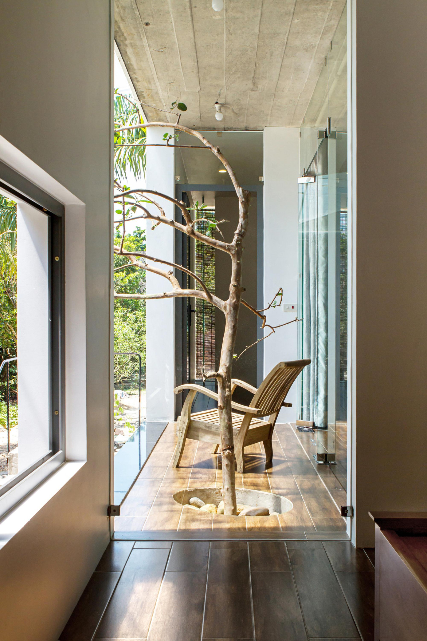 Để ngôi nhà thông thoáng và đón nhiều nắng, các cửa trong nhà đều làm bằng kính.