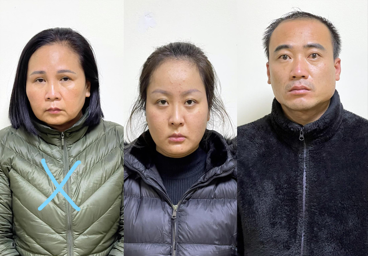 Nhóm đối tượng Lê Thị Phi Nga ( dấu X), Ngô Thị Ngọc Lan và Nguyễn Trung Kiên. Ảnh Công an cung cấp