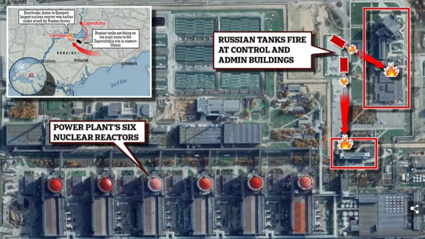 Vị trí đám cháy do đạn pháo xe tăng Nga gây ra chỉ cách lò phản ứng đầu tiên 150 mét