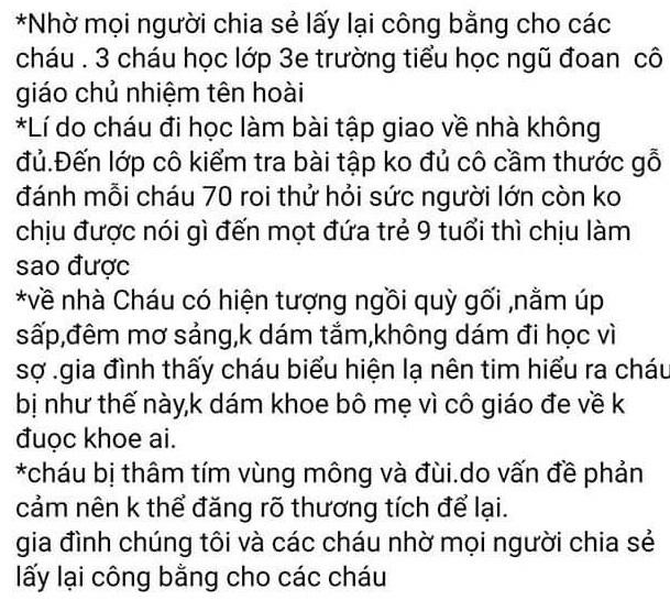 Người thân chia sẻ thông tin về bé V.S.H bị đòn roi vì không hoàn thành bài tập cô giáo giao.