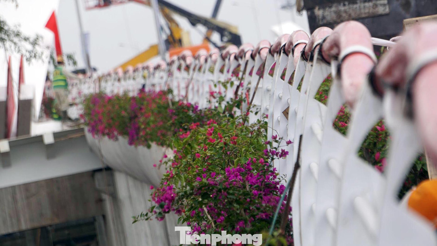 Bên ngoài lan can cầu cũng thiết kế bồn cây trồng hoa giấy tạo không gian, cảnh quan thiên nhiên.