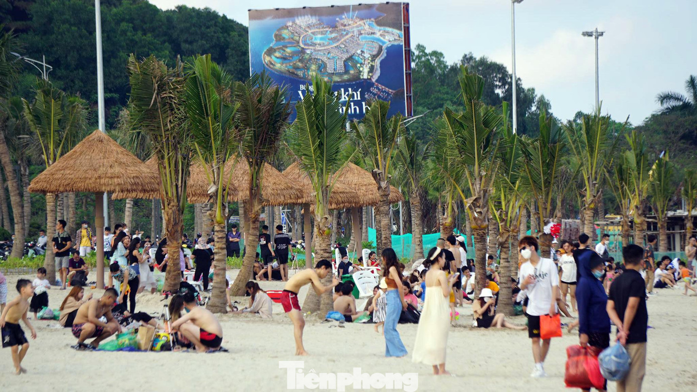 Bãi tắm mới trồng hàng dừa, có nhiều chòi cọ để du khách ngồi nghỉ ăn uống.