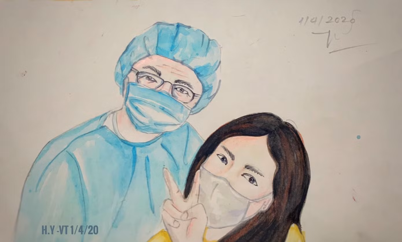 Đôi mắt lạc quan, vui vẻ chiến thắng dịch của bác sĩ và người bệnh.