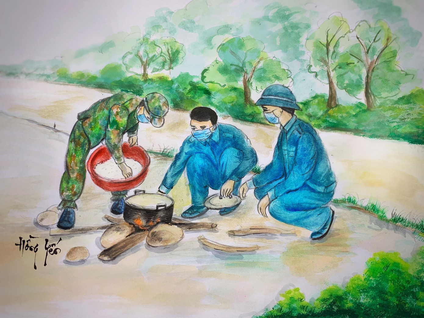 Bộ đội, dân quân nấu ăn cho người cách ly.