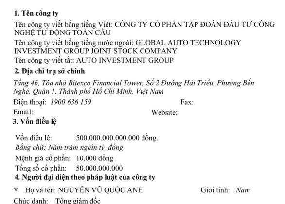 Giấy đăng ký chứng nhận kinh doanh của Công ty CP Tập đoàn Đầu tư Công nghệ Tự động Toàn Cầu có vốn điều lệ lên tới 500.000 tỷ đồng. Giấy đăng ký chứng nhận kinh doanh của Công ty CP Tập đoàn Đầu tư Công nghệ Tự động Toàn Cầu có vốn điều lệ lên tới 500.000 tỷ đồng.