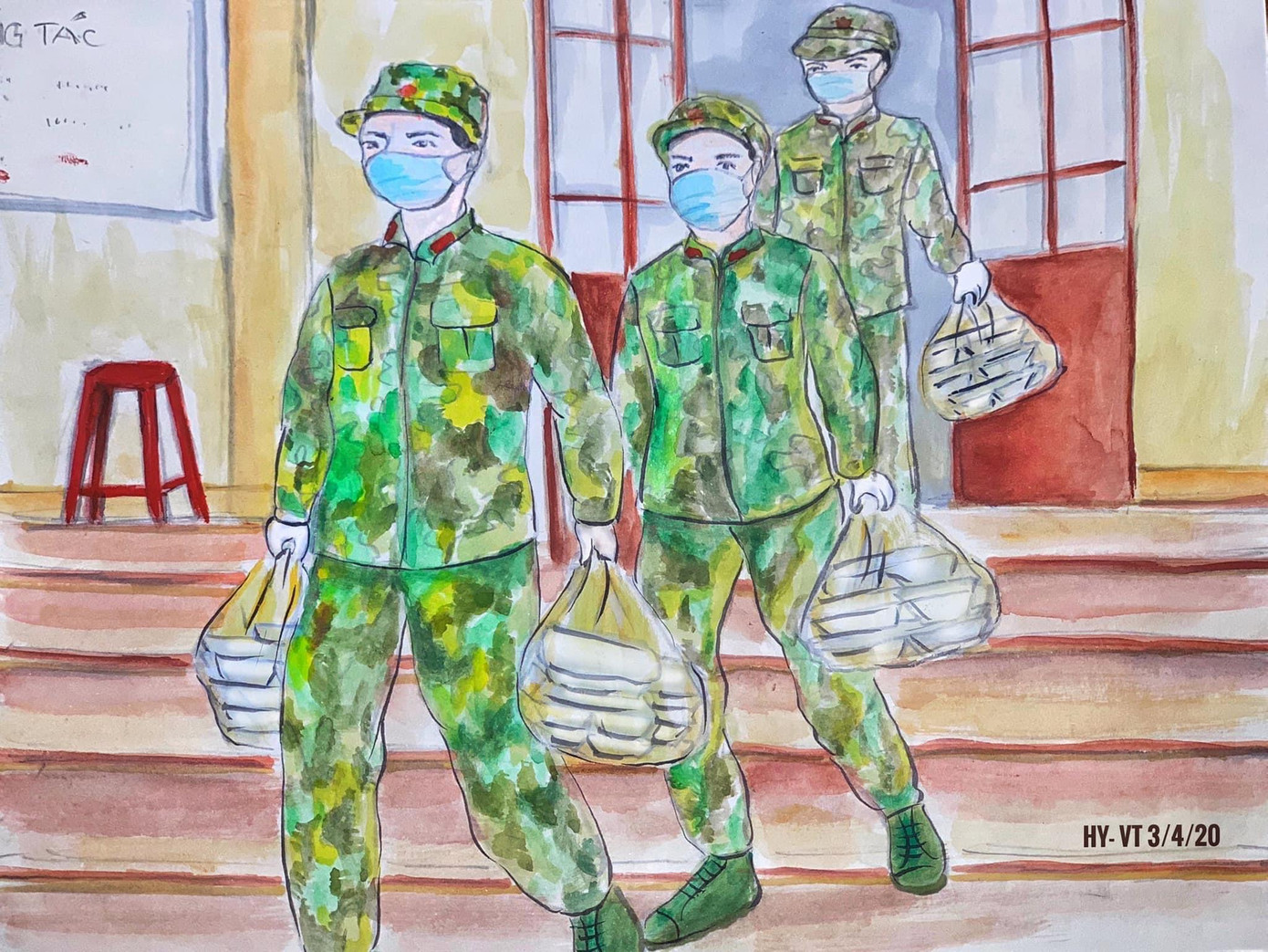 Lực lượng bộ đội làm công tác hậu cần, phục vụ ăn uống cho bệnh nhân điều trị COVID-19.