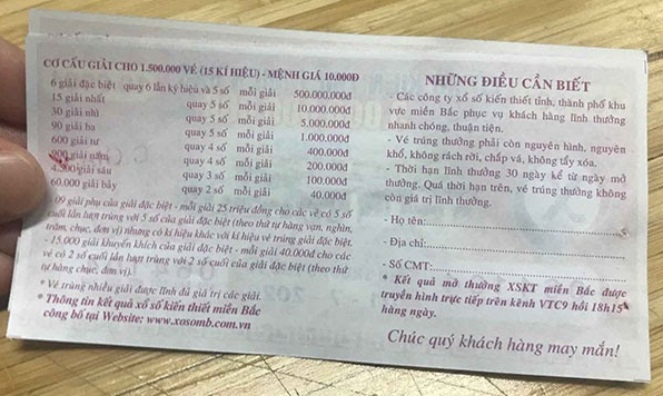 Cơ cấu giải thưởng xổ số kiến thiết được in ở mặt sau tấm vé. Cơ cấu giải thưởng xổ số kiến thiết được in ở mặt sau tấm vé.