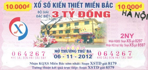 Tấm vé xổ số kiến thiết miền Bắc (xổ số truyền thống thủ đô).