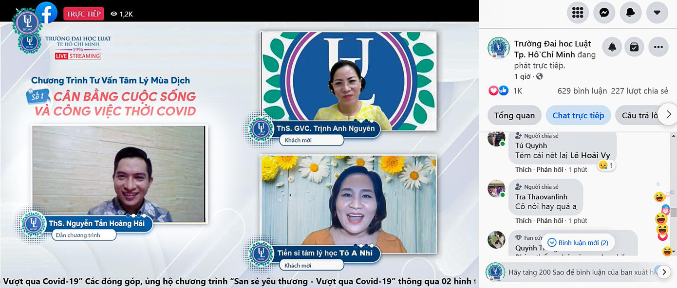Chương trình tư vấn tâm lý mùa dịch số đầu tiên diễn ra trong vòng hai tiếng đồng hồ với hơn 1.200 bạn sinh viên theo dõi livestream trên Fanpage trường ĐH Luật TP. HCM.