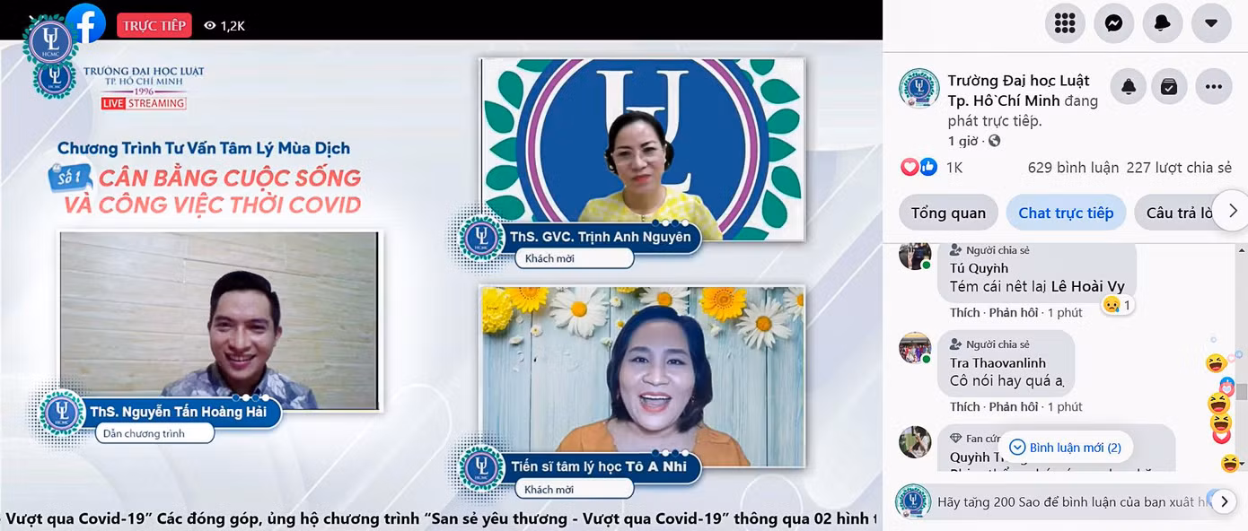 Chương trình tư vấn tâm lý mùa dịch số đầu tiên diễn ra trong vòng hai tiếng đồng hồ với hơn 1.200 bạn sinh viên theo dõi livestream trên Fanpage trường ĐH Luật TP. HCM.