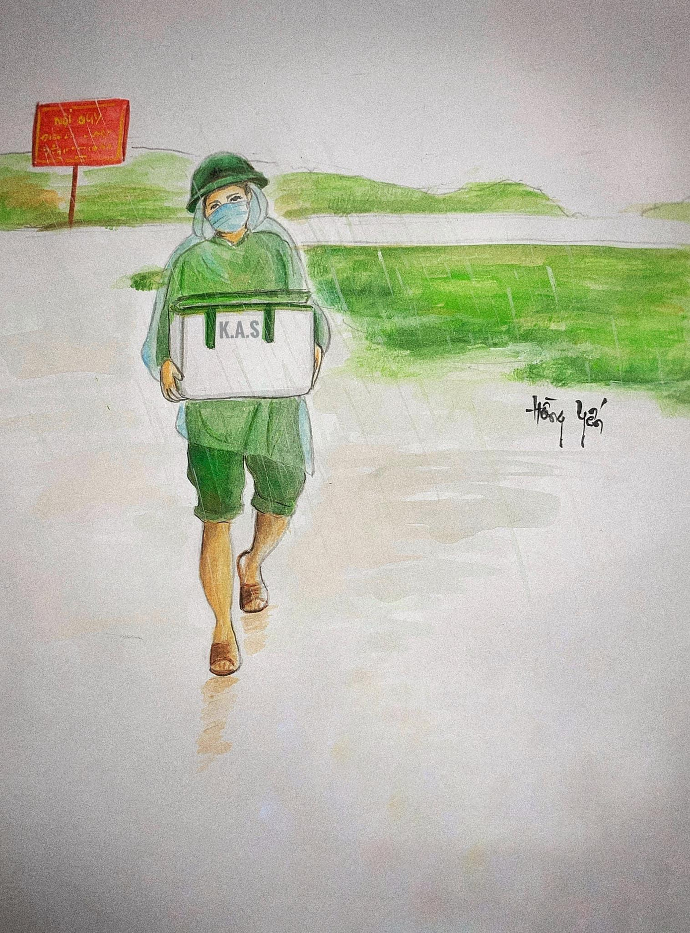 Đội mưa mang đồ phục vụ người dân.