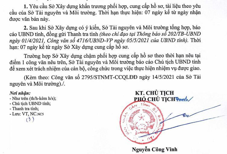 UBND tỉnh Bà Rịa-Vũng Tàu ra tối hậu thư cho Sở Xây dựng, vì sở này chưa cung cấp đầy đủ hồ sơ và chưa có ý kiến phúc đáp yêu cầu của Sở Tài nguyên Môi trường. UBND tỉnh Bà Rịa-Vũng Tàu ra tối hậu thư cho Sở Xây dựng, vì sở này chưa cung cấp đầy đủ hồ sơ và chưa có ý kiến phúc đáp yêu cầu của Sở Tài nguyên Môi trường.