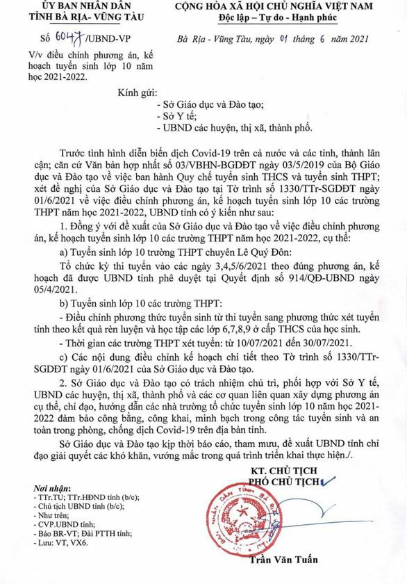 Bà Rịa-Vũng Tàu được điều chỉnh từ thi tuyển sang xét tuyển vào lớp 10. Bà Rịa-Vũng Tàu được điều chỉnh từ thi tuyển sang xét tuyển vào lớp 10.