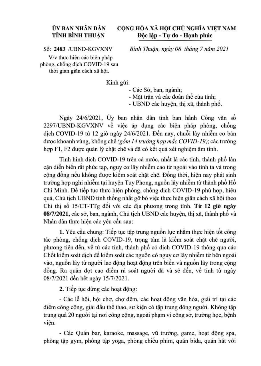 Văn bản 2483 của tỉnh Bình Thuận về dừng giãn cách xã hội. Văn bản 2483 của tỉnh Bình Thuận về dừng giãn cách xã hội.