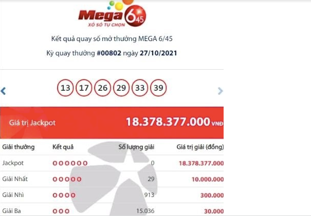 Kết quả xổ số Vietlott Mega 6/45 ngày 27/10.