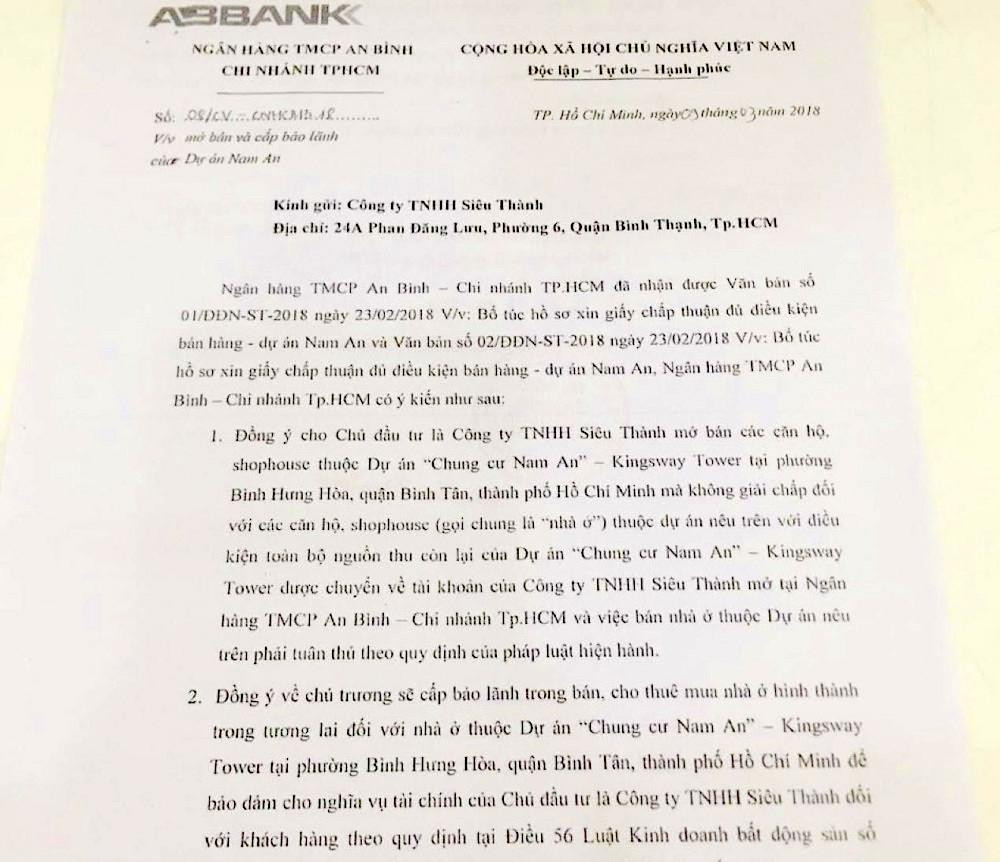 Văn bản về việc mở bán và cấp bảo lãnh của Ngân hàng An Bình cho dự án Kingsway Tower. Văn bản về việc mở bán và cấp bảo lãnh của Ngân hàng An Bình cho dự án Kingsway Tower.