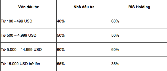 Lợi nhuận thu về của BIS Holding sẽ được chia cho nhà đầu tư theo tỉ lệ như trên. Lợi nhuận thu về của BIS Holding sẽ được chia cho nhà đầu tư theo tỉ lệ như trên.