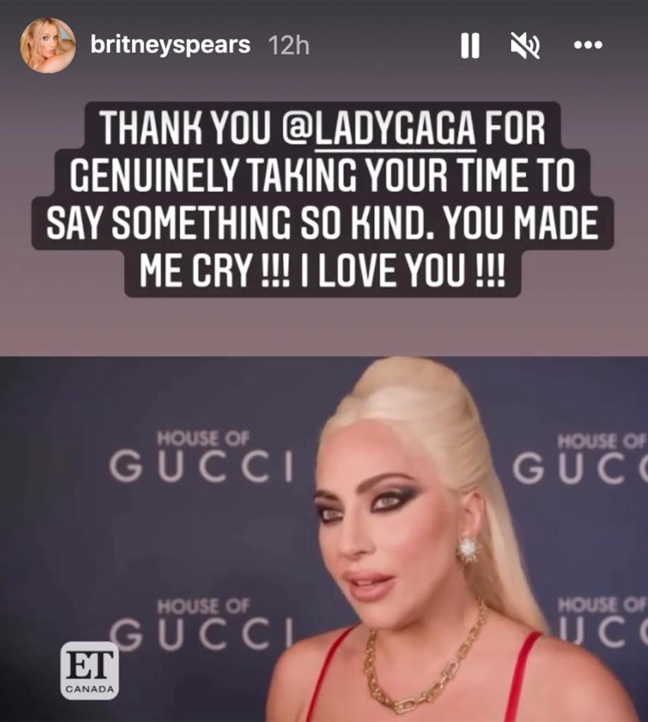 Britney Spears cảm ơn Lady Gaga trên mạng xã hội.