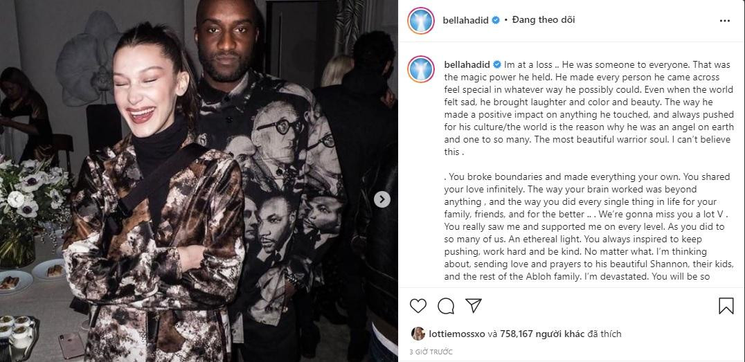 Hailey và chị em nhà Hadid đều ca ngợi tài năng và nhân phẩm của Virgil Abloh.