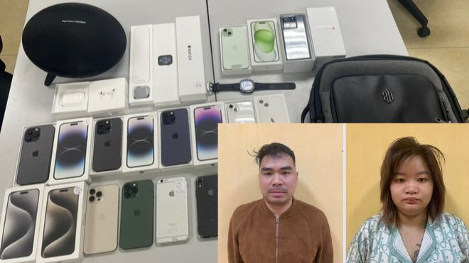 Hai đối tượng bị tạm giữ và tang vật vụ án.