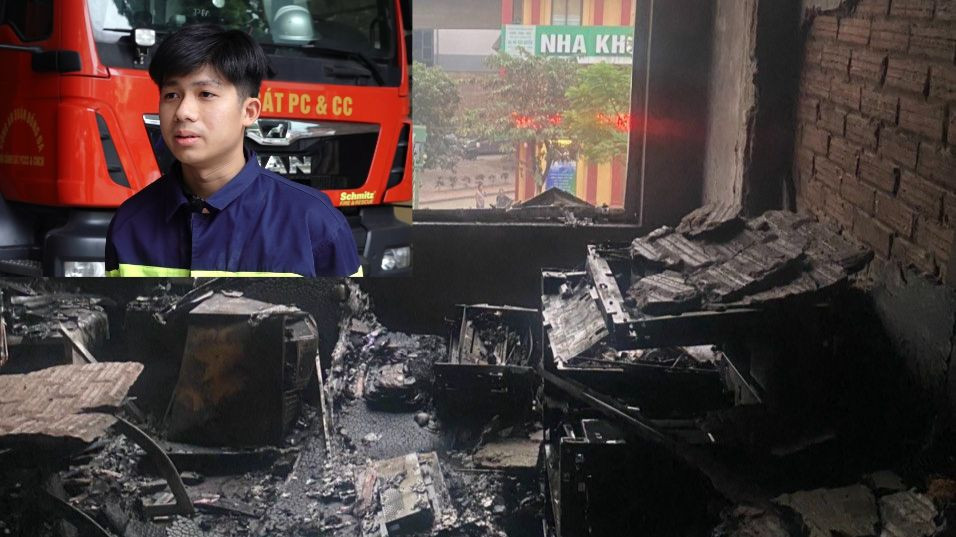 Hạ sĩ Phước (ảnh nhỏ) và hiện trường vụ cháy.