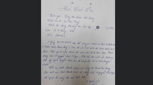 Chị Thủy gửi thư cảm ơn đến Công an quận Hà Đông.