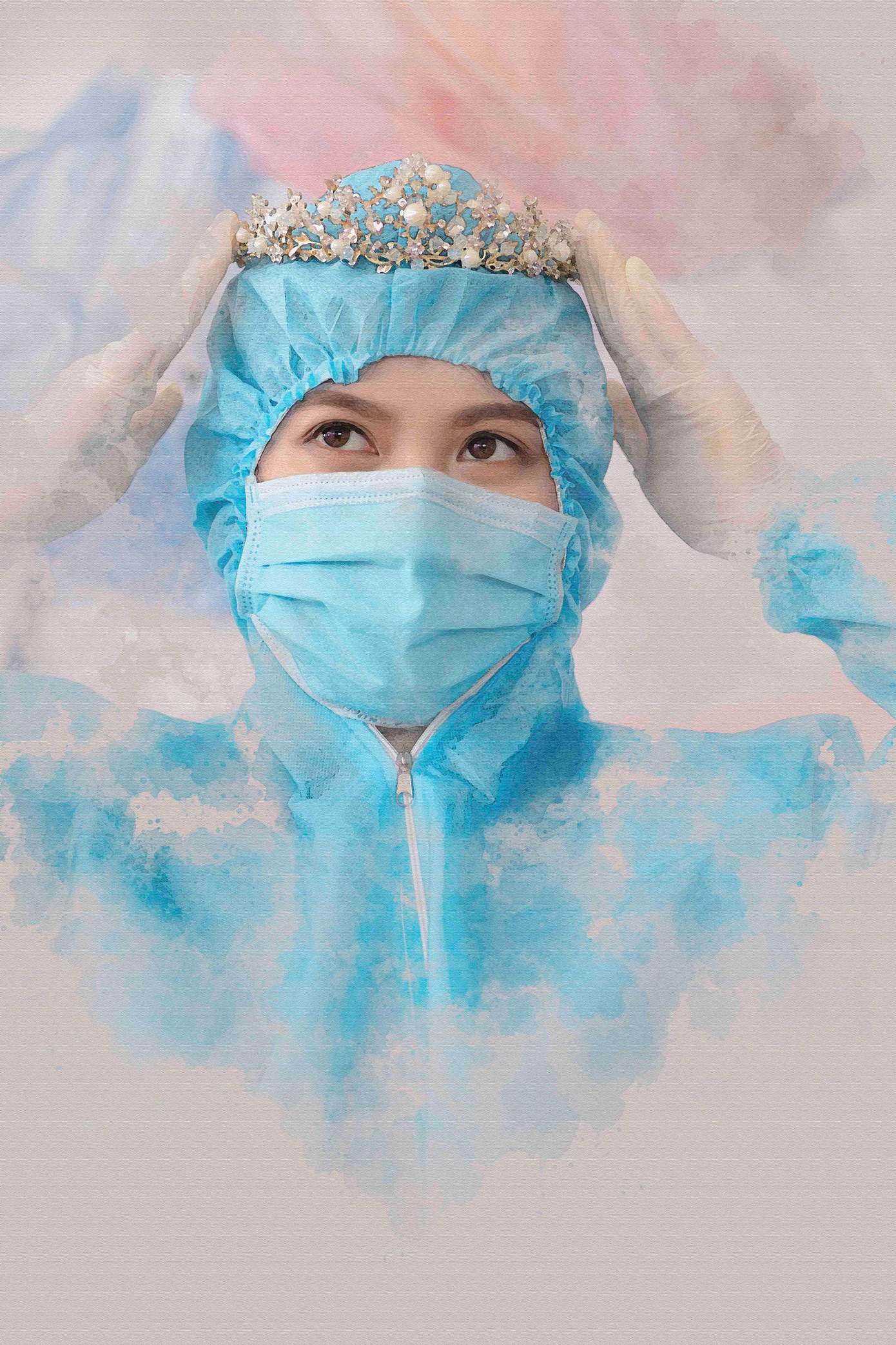 Đạo cụ ghi hình được tối giản, bao gồm 2 bộ bảo hộ y tế, khẩu trang và tấm chắn giọt bắn.