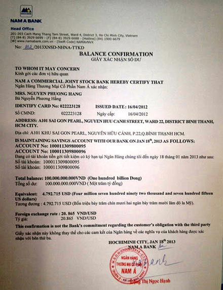 Giấy xác nhận số dư tiền gửi 100 tỉ đồng của ông Dũng, do Ngân hàng Nam Á phát hành. Ảnh: Đ.A. Giấy xác nhận số dư tiền gửi 100 tỉ đồng của ông Dũng, do Ngân hàng Nam Á phát hành. Ảnh: Đ.A