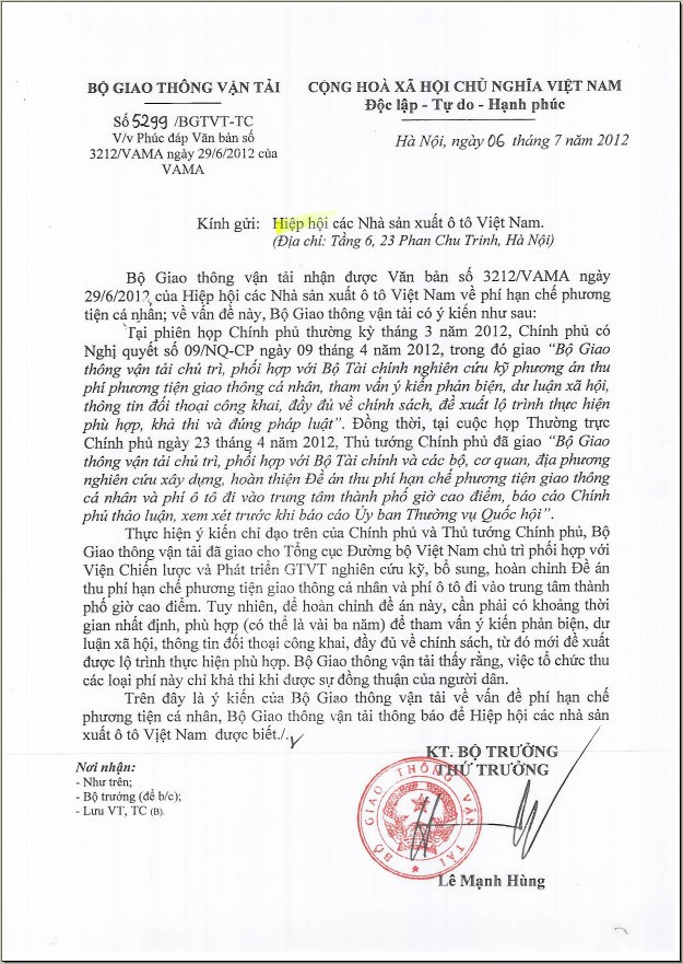 Công văn số 5299 Bộ GTVT gửi VAMA