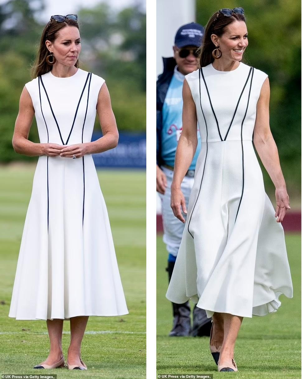 Như thường lệ, thời trang của Công nương Kate trở thành chủ đề quan tâm của truyền thông. Lần này, bà mẹ ba con mặc váy midi trắng trị giá 1.352 bảng Anh (37,8 triệu đồng), giày đế thấp giá 195 bảng Anh (5,4 triệu đồng) và kính râm giá 150 bảng Anh (4,2 triệu đồng).
