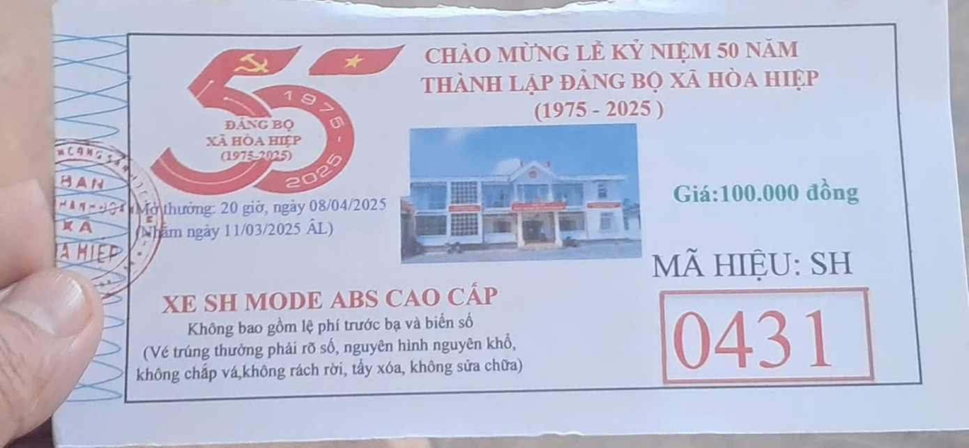 Vé thưởng được phát hành nhằm chào mừng Lễ kỷ niệm 50 năm thành lập Đảng bộ xã Hoà Hiệp Vé thưởng được phát hành nhằm chào mừng Lễ kỷ niệm 50 năm thành lập Đảng bộ xã Hoà Hiệp