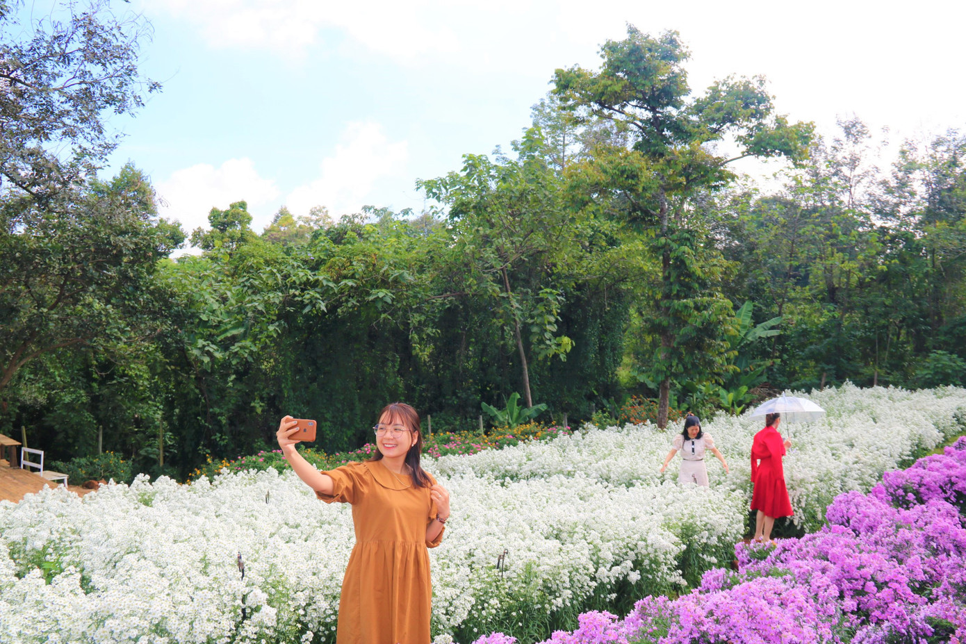 Nữ du khách check in bên vườn hoa Nữ du khách check in bên vườn hoa