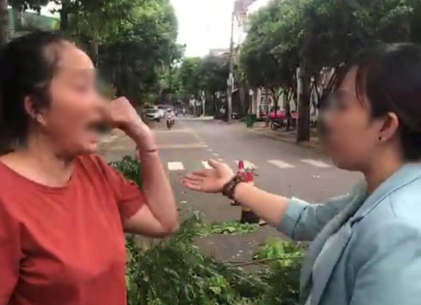 Người phụ nữ áo đỏ đã có hành động hành hung nhân viên công ty cây xanh