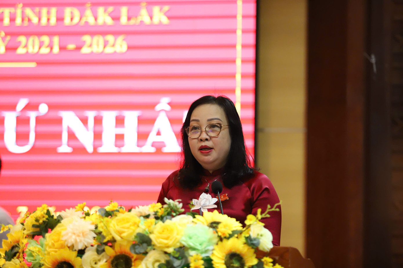 Bà Cao Thị Hoà An, Chủ tịch HĐND tỉnh Đắk Lắk phát biểu.