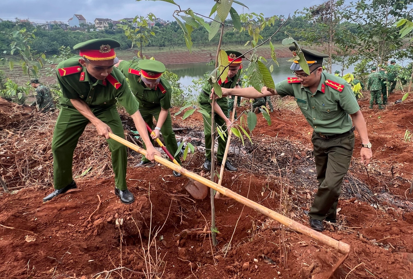 Các lực lượng công an, quân đội... hưởng ứng phong trào trồng cây xanh.