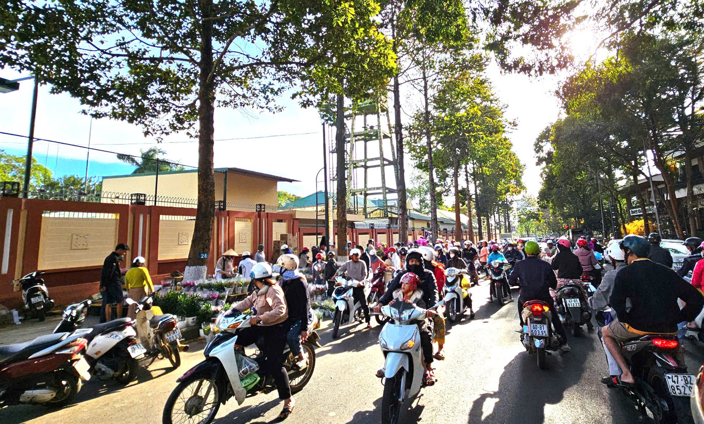 Nhiều người di chuyển thật chậm để ngắm nhìn hoa cây cảnh bên đường Nhiều người di chuyển thật chậm để ngắm nhìn hoa cây cảnh bên đường