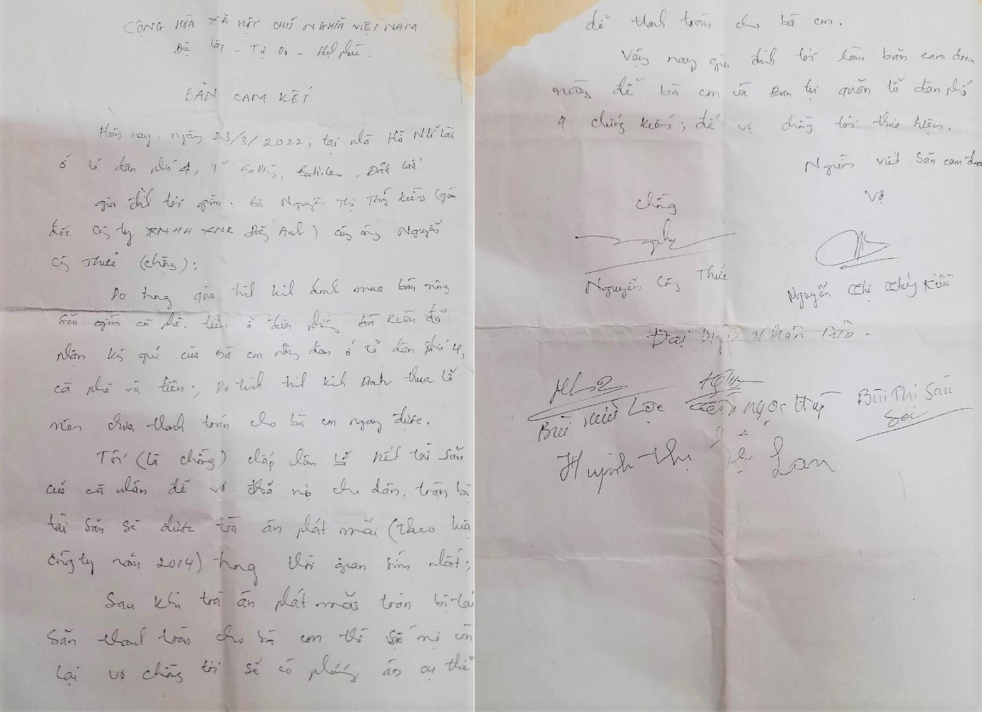 Giấy cam kết được cho là của vợ chồng ông T. bà K. viết