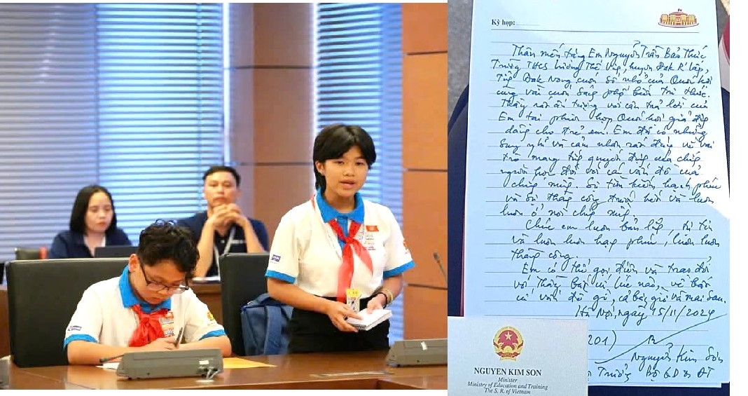 Bảo Thức trả lời tại phiên họp giả định "Quốc hội trẻ em", bên cạnh là thư tay của Bộ trưởng viết tặng