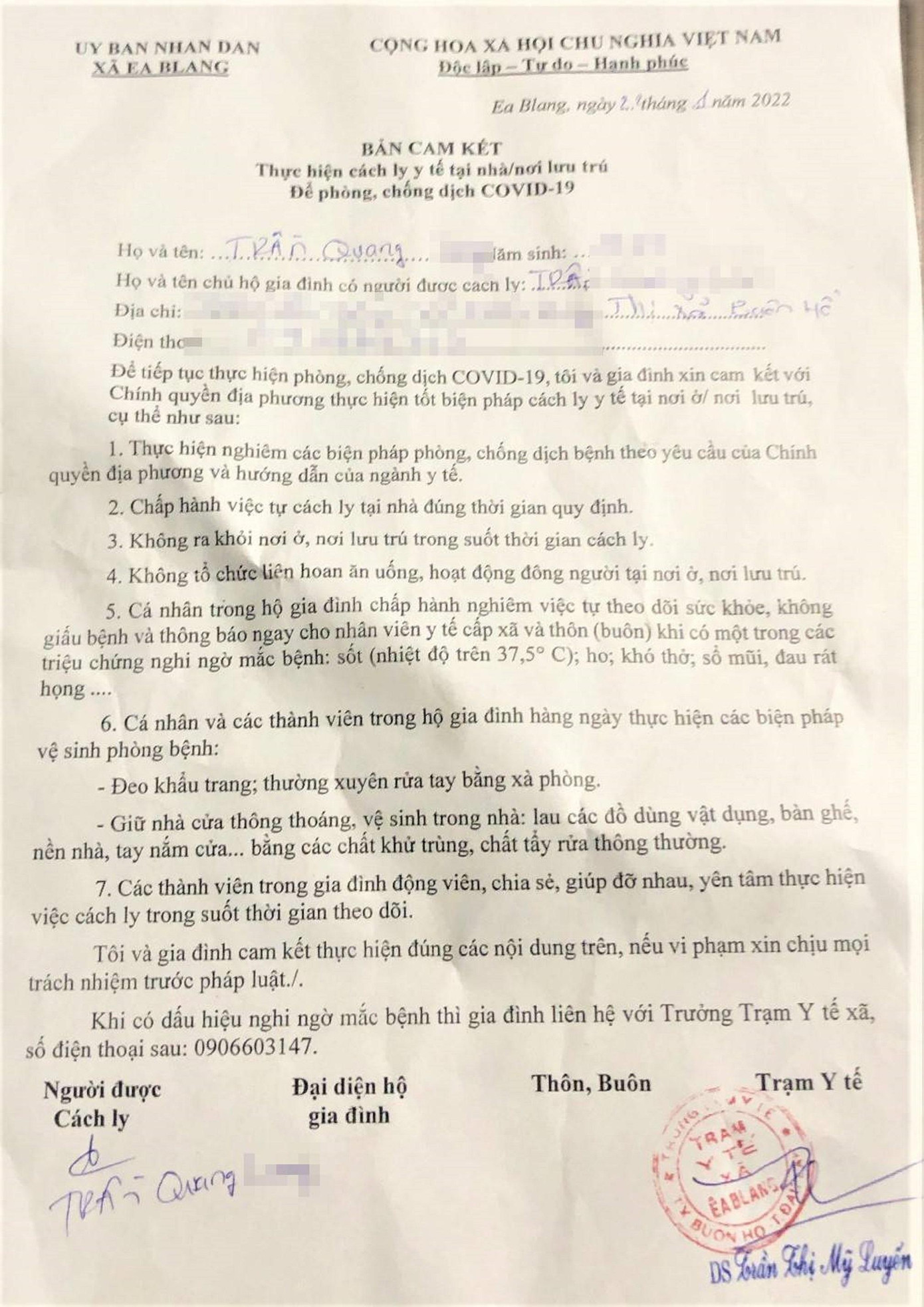 Anh L. bị yêu cầu ký cam kết cách ly tại nhà