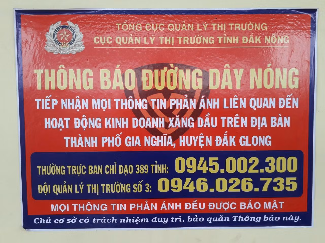 Cục Quản lý thị trường Đắk Nông công bố số điện thoại đường dây nóng Cục Quản lý thị trường Đắk Nông công bố số điện thoại đường dây nóng