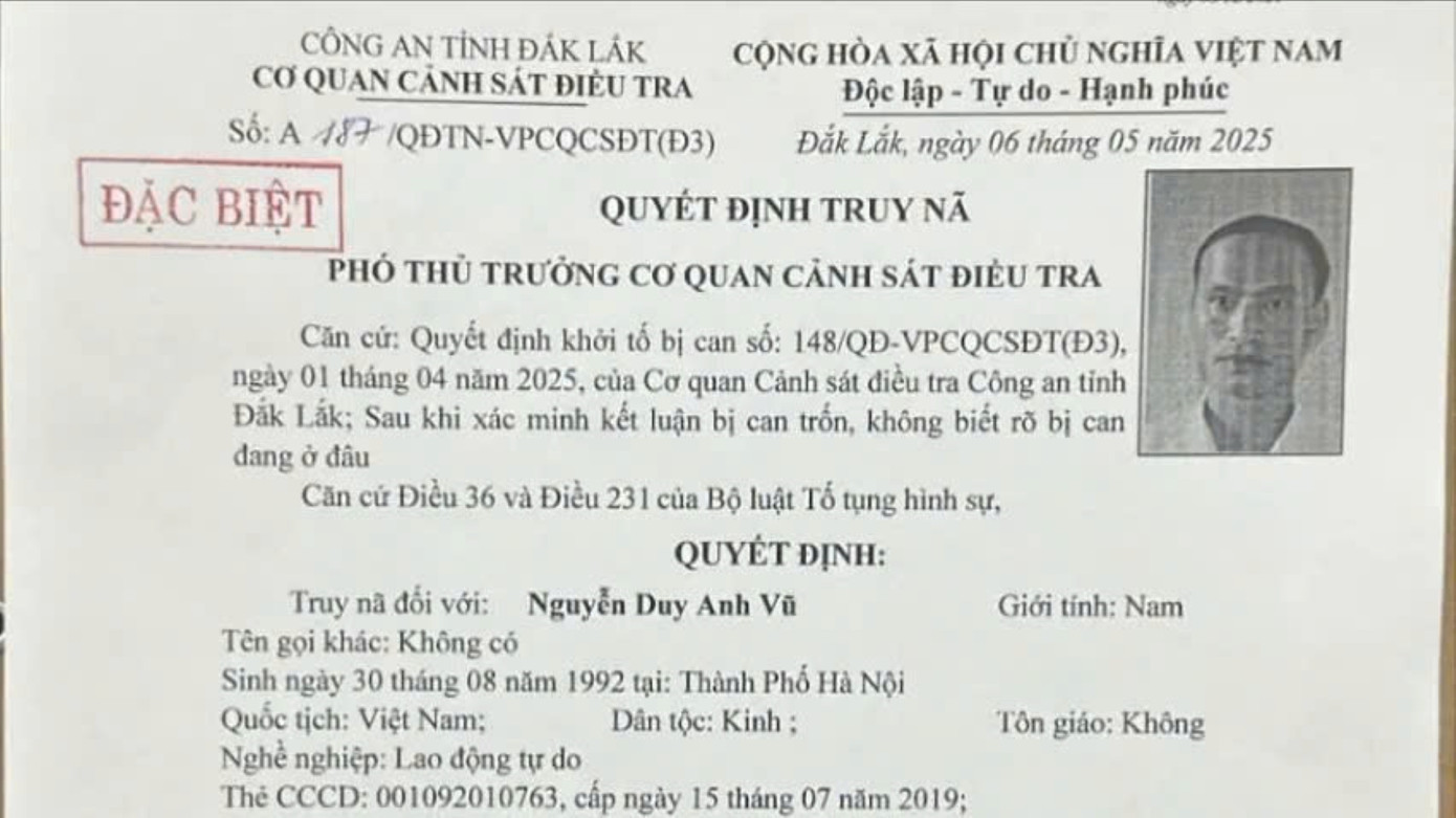 Cơ quan Cảnh sát điều tra phát lệnh truy nã đối tượng Nguyễn Duy Anh Vũ Cơ quan Cảnh sát điều tra phát lệnh truy nã đối tượng Nguyễn Duy Anh Vũ