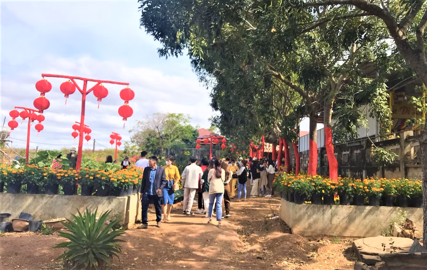 Bên trong Niệm phật đường còn trang trí rất nhiều loại hoa, tiểu cảnh để người dân tham quan
